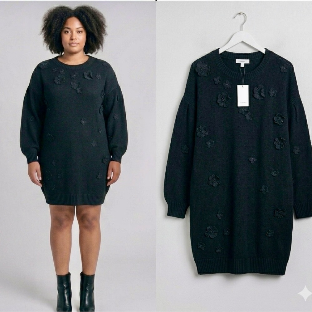 Baltic Born Margaux Sweater Dress Black Size XL New Tags 3D Floral Appliqué Plus